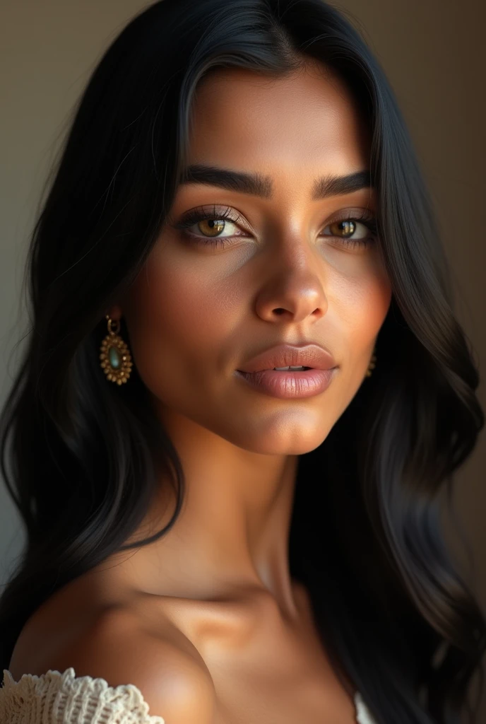 a beautiful young Moroccan woman, slightly tanned, 21 ans, with a square, de longs cheveux noirs,peau parfaite , beaux yeux noirs en amande, delicate and symmetrical nose,slightly rounded lips, sourcils noirs droit , Height 170 cm, poids 75kg, realistic, (best quality,4K,8k,high resolution,head of&#39;artwork:1.2),ultra detailed,(realistic,photorealistic,photo-realistic:1.37),HDR,HD,studio lighting,sharpness,physical rendering,extremely detailed description,professionnel,Couleurs vives,bokeh,portrait