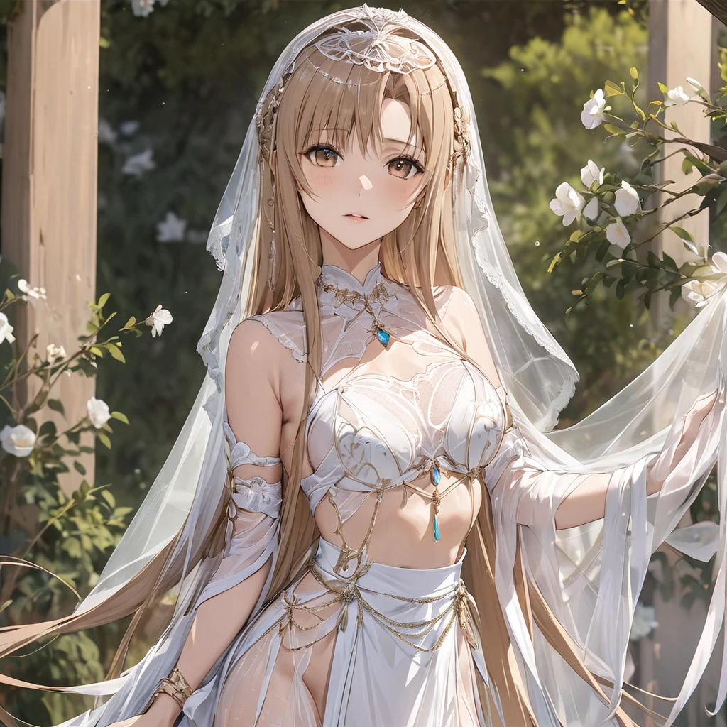 ((Highest quality)), ((masterpiece)), (detailed), (Perfect Face)、The woman is Yuuki Asuna, with light brown, medium-long hair, a transparent outfit and veil, and is decked out in gorgeous accessories.