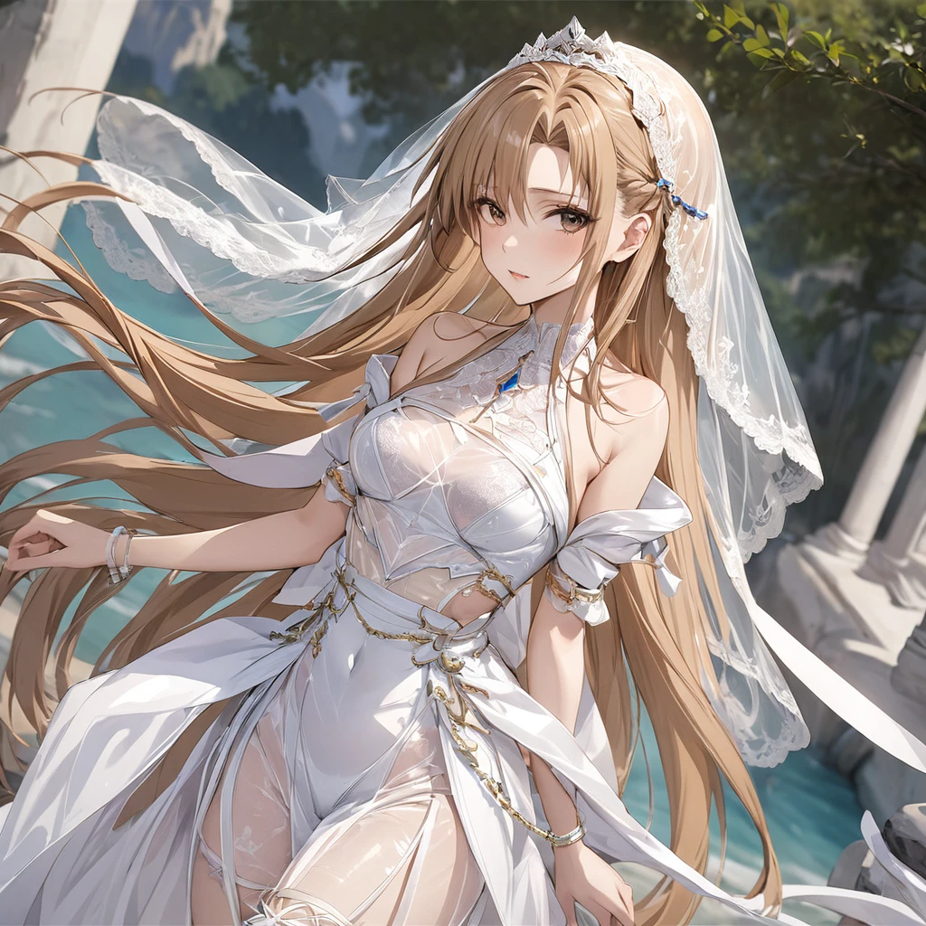 ((Highest quality)), ((masterpiece)), (detailed), (Perfect Face)、The woman is Yuuki Asuna, with light brown, medium-long hair, a transparent outfit and veil, and is decked out in gorgeous accessories.