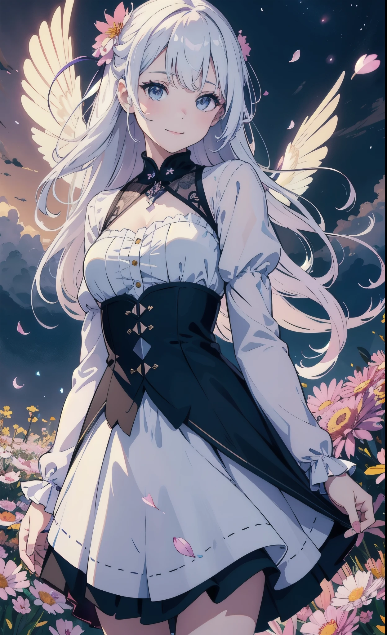 masterpiece, best quality, 1girl, (colorful),(delicate eyes and face), volumatic light, ray tracing, bust shot ,extremely detailed CG unity 8k wallpaper,solo,smile,intricate skirt,((flying petal)),(Flowery meadow) sky, cloudy_sky, moonlight, moon, night, (dark theme:1.3), light, fantasy, windy, magic sparks, dark castle,white hair