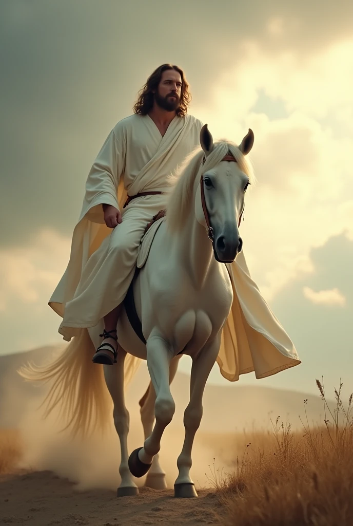 Cinematic soft lighting illuminates a stunningly detailed and ultra-realistic, details of this 16k photography masterpiece, Christ on a white horse,