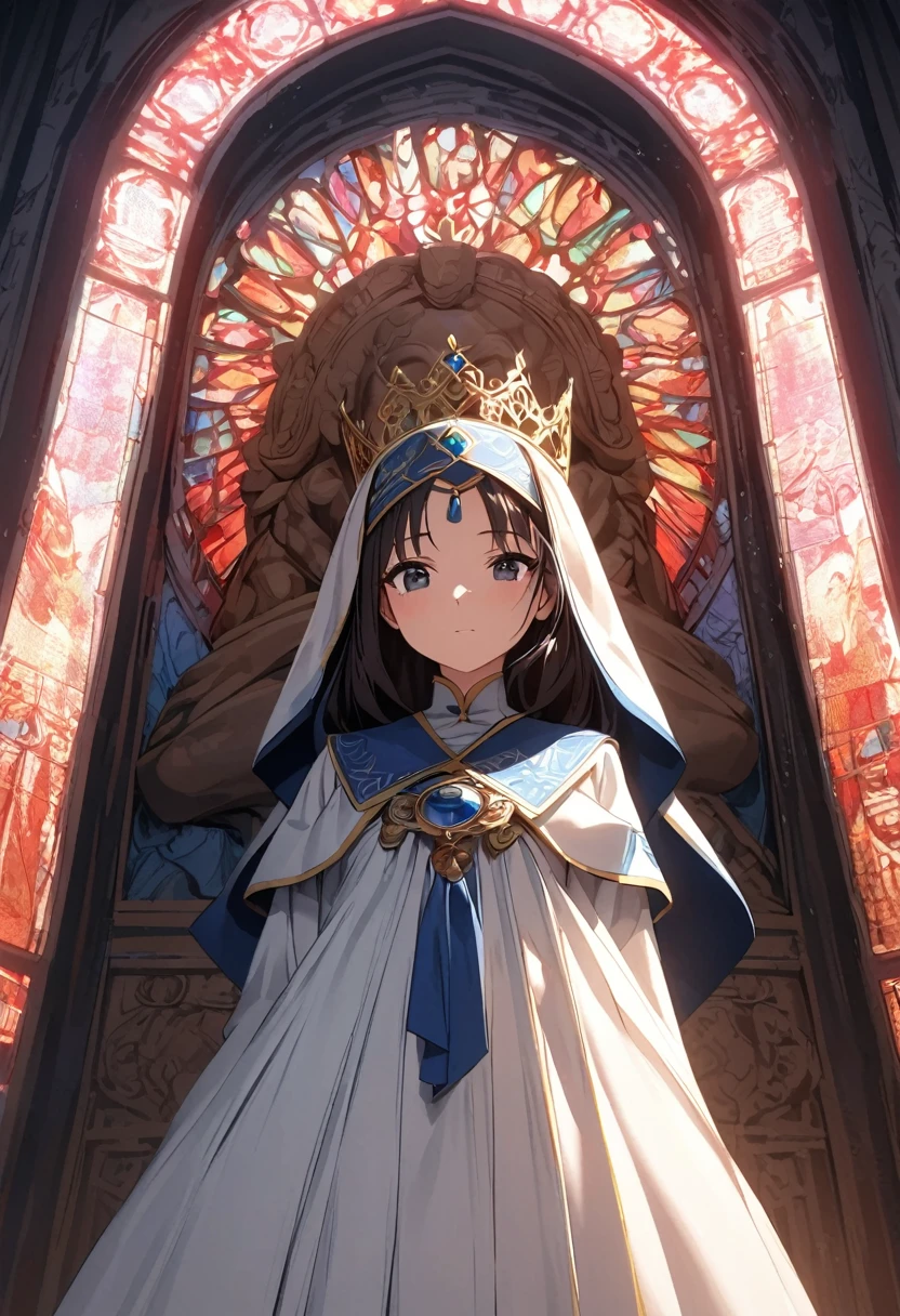 A masked priestess in an ornate gown, wearing an intricate crown, standing before a central statue of the beautiful goddess Guoyuu, with a stained glass window behind radiating a red light, detailed, long take, static and symmetrical framing, grainy filter, noise filter, low and closed angle, close up, indirect and diffuse lighting, nostalgic atmosphere, film photography, cinematic scene