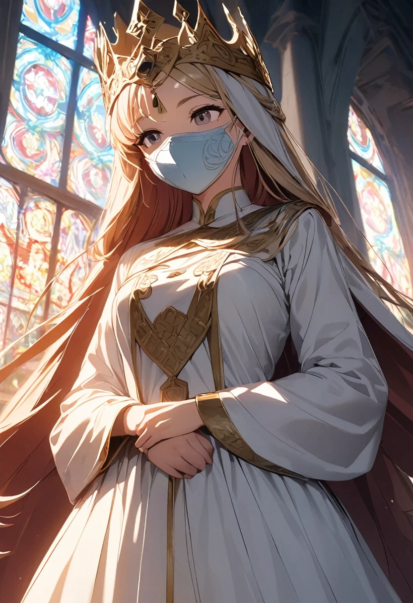 A masked priestess in an ornate gown, wearing an intricate crown, standing before a central statue of the beautiful goddess Guoyuu, with a stained glass window behind radiating a red light, detailed, long take, static and symmetrical framing, grainy filter, noise filter, low and closed angle, close up, indirect and diffuse lighting, nostalgic atmosphere, film photography, cinematic scene