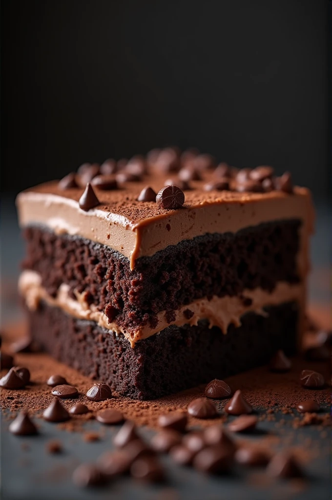 cinematic film still chocolate, chocolate cake, dark background, quality photo, moist texture, frosting, studio photo, slice . shallow depth of field, vignette, highly detailed, high budget, bokeh, cinemascope, moody, epic, gorgeous, film grain, grainy