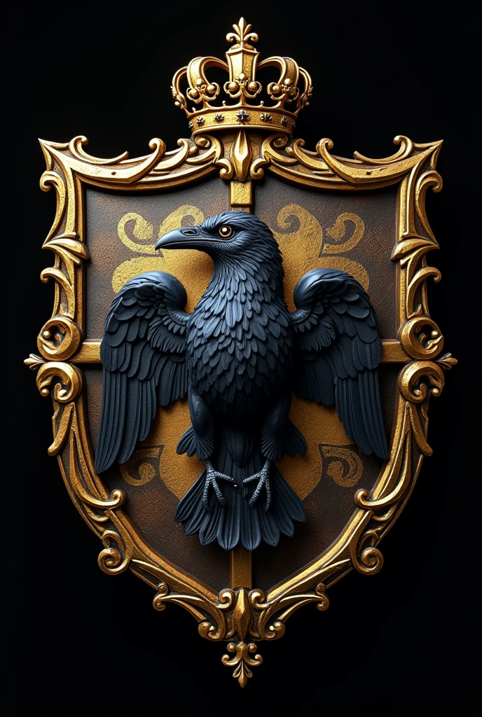 Create a medical family shield, Medieval appearance with Gothic style, Its representative animal is a crow. golden colors. RV Initials. Wide image with black background. With medical cross. multiple details. Crown ornament.