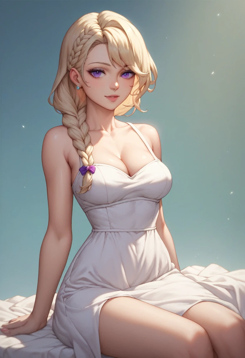 1girl,highres, high quality, masterpiece, mxmkWhiteDress, bare shoulder, purple eyes, white dress, braid