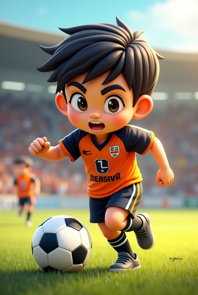 Create a mascot for the Lomba Tarumã FC football school, mascot for children, playing football,with jersey, shorts and socks in orange, black and white , mascot that symbolizes unity, strength and a lot of struggle.