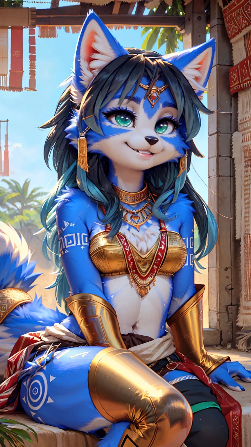 A beautiful and detailed (sweet picture) wa ((krystal)), Star Fox Krystal, sslim, lovable, green eyes, medium breasts, (((Long blue hair 1.3))),  ((Tips for black hair)), Decollete, grin, look up,, anthro, furry, Uploaded E621, detailed fluffy fur, (wa Fluff-Kevlar, Bayard Wu, personalize me, Pino Daeni), detailed face, (fluffy), 1 girl, alone,  Tribal clothing, sweet girl, alone, 

