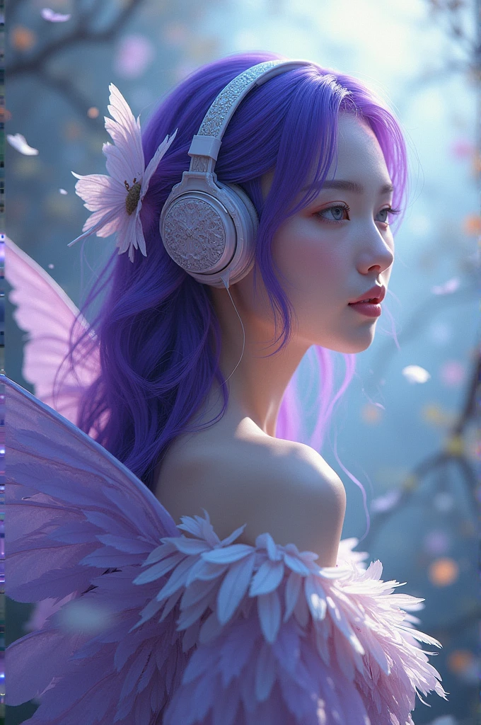 Korean purple hair butterfly woman with headphone in feather clothes 
