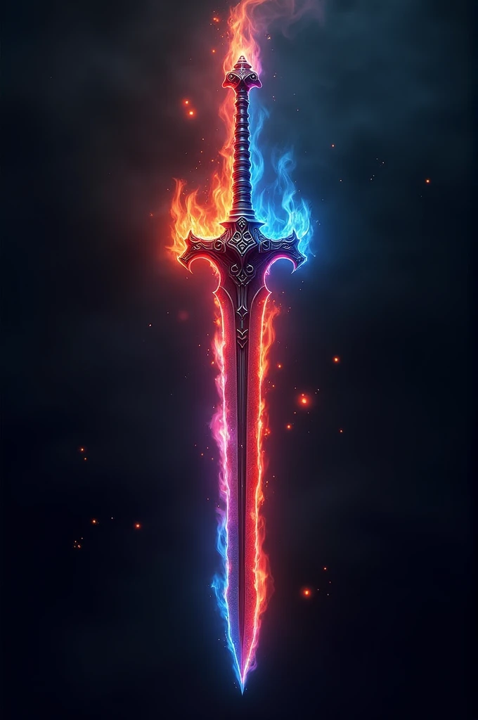 Create me a sword with both sides flame and each side red and blue flames.