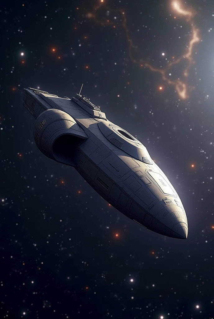 create an image of the ship in spherical format, of the capsule corporation ( dragoon ball z ) Flying through space, a distant view, in the background the stars and galaxies