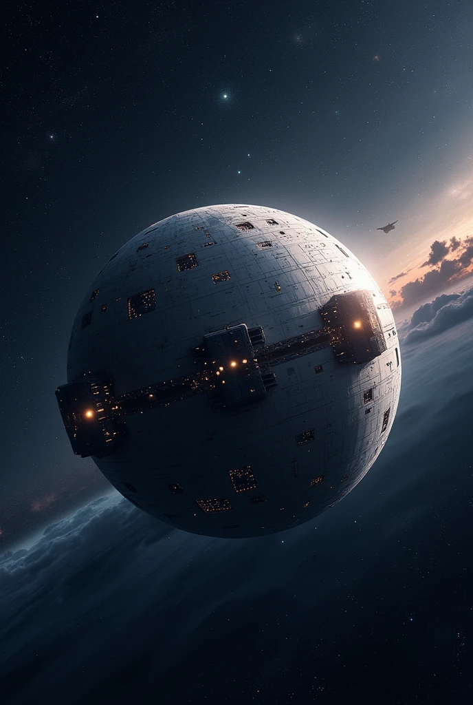 create an image of the ship in spherical format, of the capsule corporation ( dragoon ball z ) Flying through space, a distant view, in the background the stars and galaxies