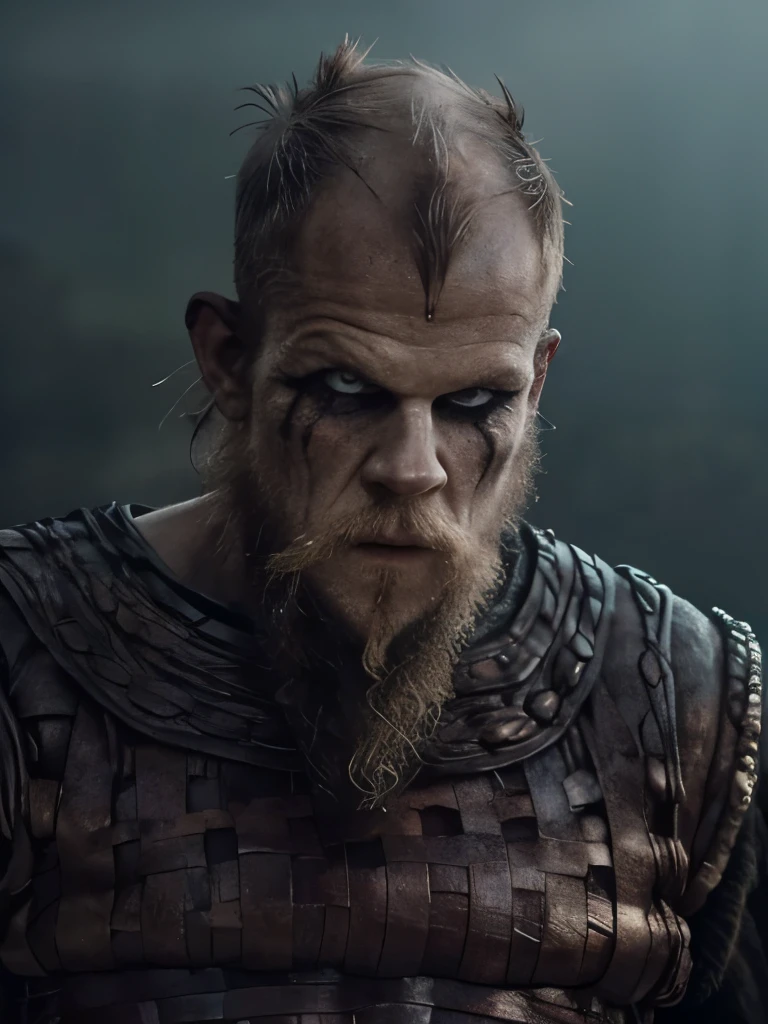 A highly detailed and hyper-realistic depiction of a viking Warrior, Floki, with scars and wrinkles on her face. The character is surrounded by mist, evoking a mysterious and eerie atmosphere. The lighting is dark and atmospheric, with a red smoke adding a touch of sinister ambiance. The image is of the best quality, with a resolution of 4k and HDR enhancement, showcasing the utmost level of detail and realism, sfw