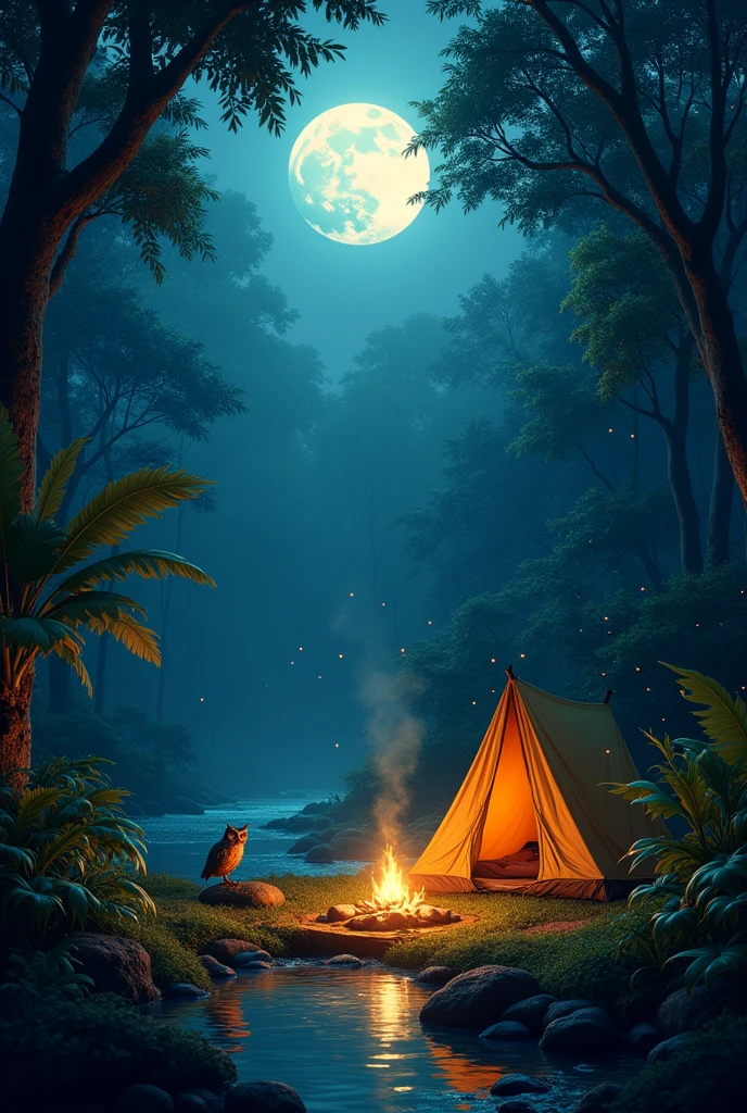 Brazilian forest at night with a full moon, camping tent, remaining vegetation, camp fire, river on the left side, owl and fireflies 