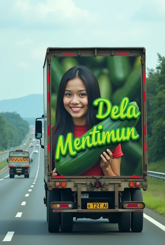 Realistic photo, tipograpy of a truck on the highway looking behind, with a picture of a very beautiful Indonesian woman holding a large cucumber and inscribed with 3D letters "Dela Mentimun" written correctly in Indonesian,