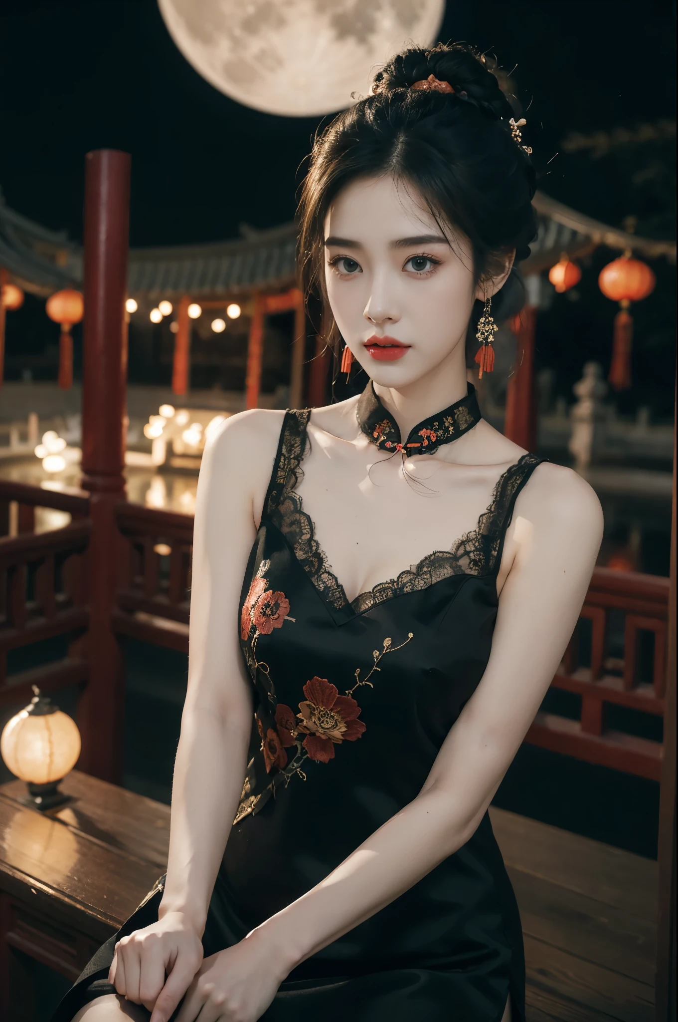 (((best quality))),(((ultra detailed))),(((masterpiece))),illustration,((1 beautiful girl,solo)),(bun hair:1.2),(Ghostly makeup:1.3),(fair skin:1.5),(red lips:1.2),(earrings:1.2),((slim,thin)),((small breasts,flat chest,cleavage)),(black floral embroidered lace sleeveless cheongsam:1.5),(thigh loop:1.3),(slender legs:1.2),(stockings:1.3),(standing:1.3),(A huge moon in the sky:1.3),(moonlit Chinese garden courtyard:1.3),(Ghost Festival:1.3),(Ghostly flames are drifting in the air:1.3),elegant and sophisticated,intricate patterns,curves,dark color,striking visual appeal,ethereal,enchanting,ghostly black blossoms,swaying branches,stone pathways,moss,eerie shadows,ancient pavilion,intricate wooden structure,mystery and intrigue,cicadas chirping,auditory symphony,embodiment of the festival's spirit,bathed in the moon's glow,delicate features,raven-black hair,waterfall of darkness,moon's luminance,captivating allure,sleek fabric,clung to frame,accentuating curves,highlighting beauty,striking appearance,ethereal beauty,hauntingly beautiful scene,captured essence,blend of beauty and mystery,(night scene:1.3),((from front,upper body))