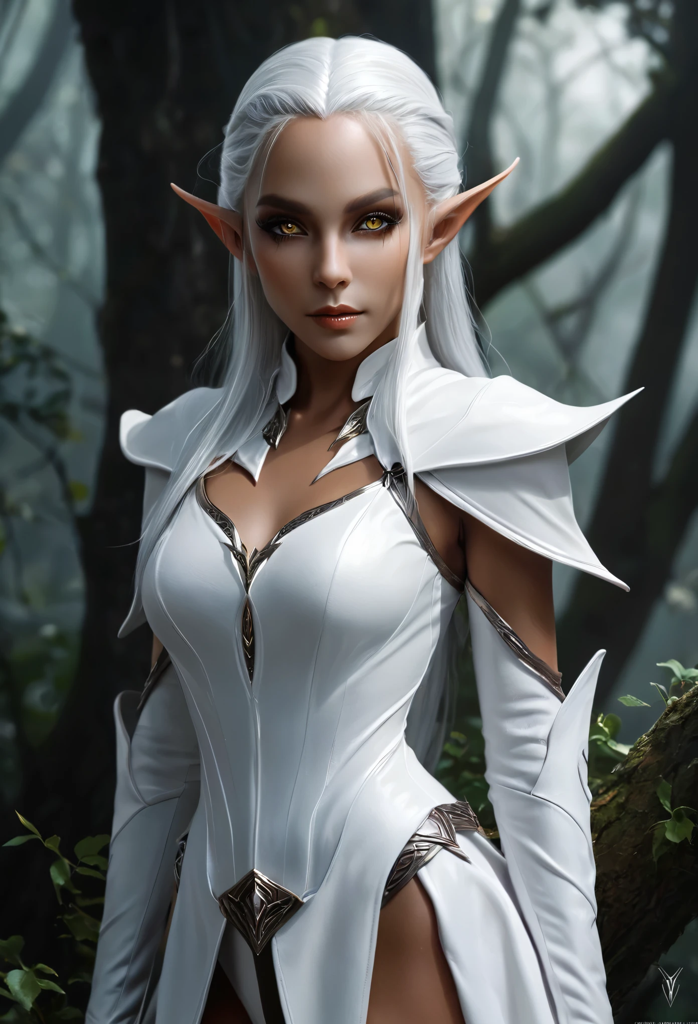 masterpiece, Highest quality, Intricate details, Gorgeous dark elven woman, (mint eye), Celestine Lucullus, Perfect Anatomy, (Perfect Face:1.1), White one-piece uniform, Sharp focus, ((alone:1.4), (Full Body Shot), View your viewers, Ultra-high resolution, (One Dark Elf girl:1.4), Highly detailed illustration, Smooth, Extremely pixel perfect, Detailed Background, art：Wlop と Ross Tran, forest, Fascinating,Venus Body, dark skin