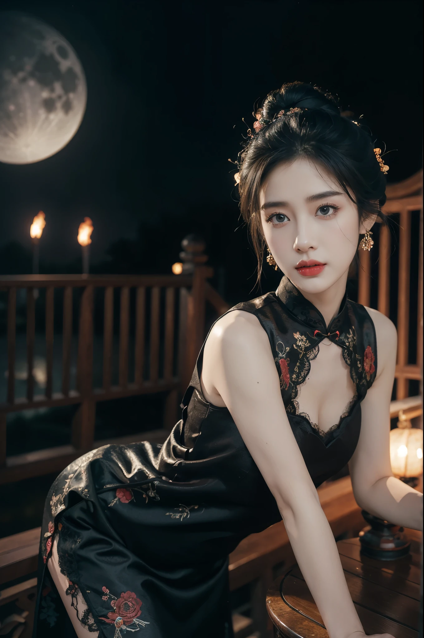 (((best quality))),(((ultra detailed))),(((masterpiece))),illustration,((1 beautiful girl,solo)),(bun hair:1.2),(Ghostly makeup:1.3),(fair skin:1.5),(red lips:1.2),(earrings:1.2),((slim,thin)),((small breasts,flat chest,cleavage)),(black floral embroidered lace sleeveless cheongsam:1.5),(thigh loop:1.3),(slender legs:1.2),(stockings:1.3),(standing:1.3),(A huge moon in the sky:1.3),(moonlit Chinese garden courtyard:1.3),(Ghost Festival:1.3),(Ghostly flames are drifting in the air:1.3),elegant and sophisticated,intricate patterns,curves,dark color,striking visual appeal,ethereal,enchanting,ghostly black blossoms,swaying branches,stone pathways,moss,eerie shadows,ancient pavilion,intricate wooden structure,mystery and intrigue,cicadas chirping,auditory symphony,embodiment of the festival's spirit,bathed in the moon's glow,delicate features,raven-black hair,waterfall of darkness,moon's luminance,captivating allure,sleek fabric,clung to frame,accentuating curves,highlighting beauty,striking appearance,ethereal beauty,hauntingly beautiful scene,captured essence,blend of beauty and mystery,(night scene:1.3),((from front,upper body))