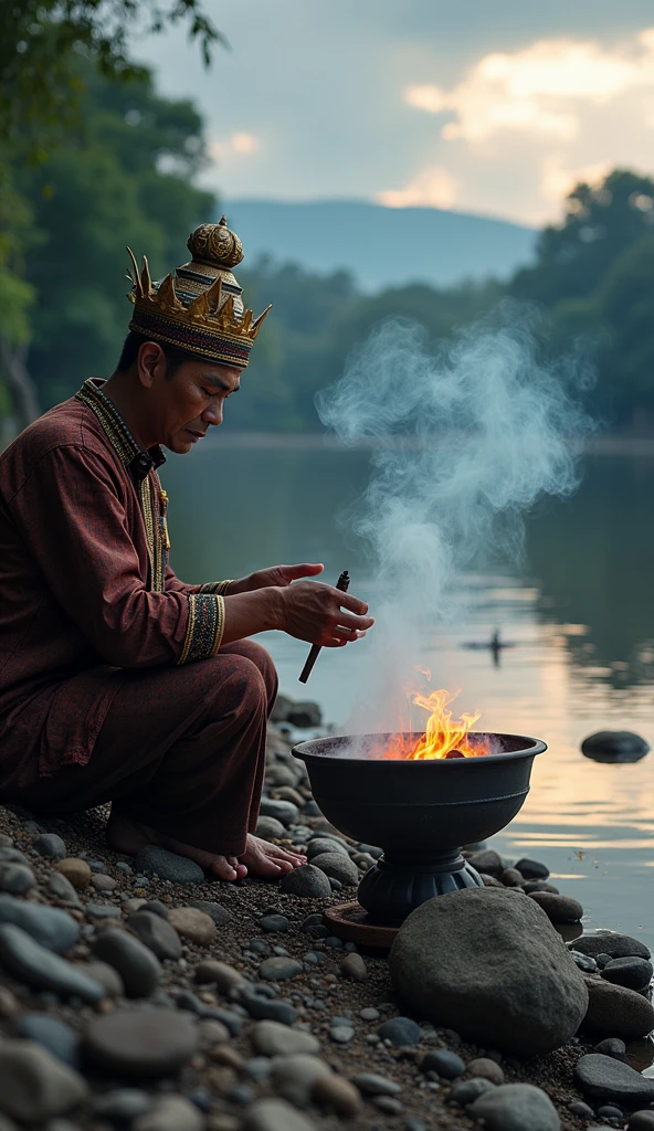 a Malay man wearing a songkok, doing a ritual, a censer with a lot of incense smoke, a beautiful riverside area, many stones, pebbles, trees, dark clouds with light, very realistik photo,8UHD colour, sigma 85mm f8 lens