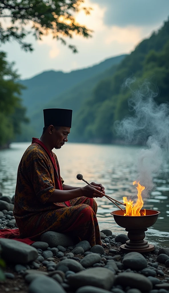 a Malay man wearing a songkok, doing a ritual, a censer with a lot of incense smoke, a beautiful riverside area, many stones, pebbles, trees, dark clouds with light, very realistik photo,8UHD colour, sigma 85mm f8 lens