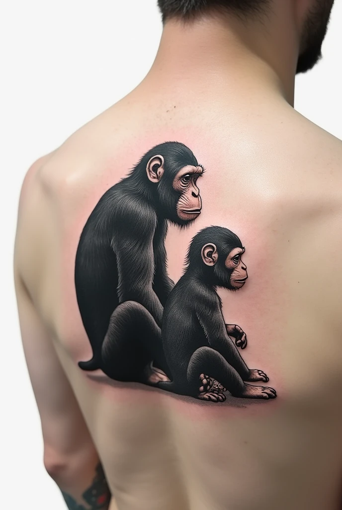 Design a black and white tattoo that reflects a father-son relationship symbolized by monkeys. I want a design that is wider than it is tall 