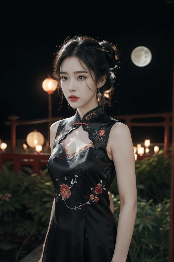 (((best quality))),(((ultra detailed))),(((masterpiece))),illustration,((1 beautiful girl,solo)),(bun hair:1.2),(Ghostly makeup:1.3),(fair skin:1.5),(red lips:1.2),(earrings:1.2),((slim,thin)),((small ,flat chest,cleavagck floral embroidered lace sleeveless cheongsam:1.5),(thigh loop:1.3),(slender legs:1.2),(stockings:1.3),(standing:1.3),(A huge moon in the sky:1.3),(moonlit Chinese garden courtyard:1.3),(Ghost Festival:1.3),(Ghostly flames are drifting in the air:1.3),elegant and sophisticated,intricate patterns,curves,dark color,striking visual appeal,ethereal,enchanting,ghostly black blossoms,swaying branches,stone pathways,moss,eerie shadows,ancient pavilion,intricate wooden structure,mystery and intrigue,cicadas chirping,auditory symphony,embodiment of the festival's spirit,bathed in the moon's glow,delicate features,raven-black hair,waterfall of darkness,moon's luminance,captivating allure,sleek fabric,clung to frame,accentuating curves,highlighting beauty,striking appearance,ethereal beauty,hauntingly beautiful scene,captured essence,blend of beauty and mystery,(night scene:1.3(from front,upper body))