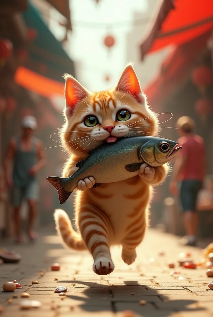 a big funny cute cat running through a busy market, holding a fish in its mouth, realistic, highly detailed, 4k, photorealistic, vibrant colors, dynamic motion, market stalls, people, detailed facial features, detailed fur texture, sunlight, shadows, depth of field