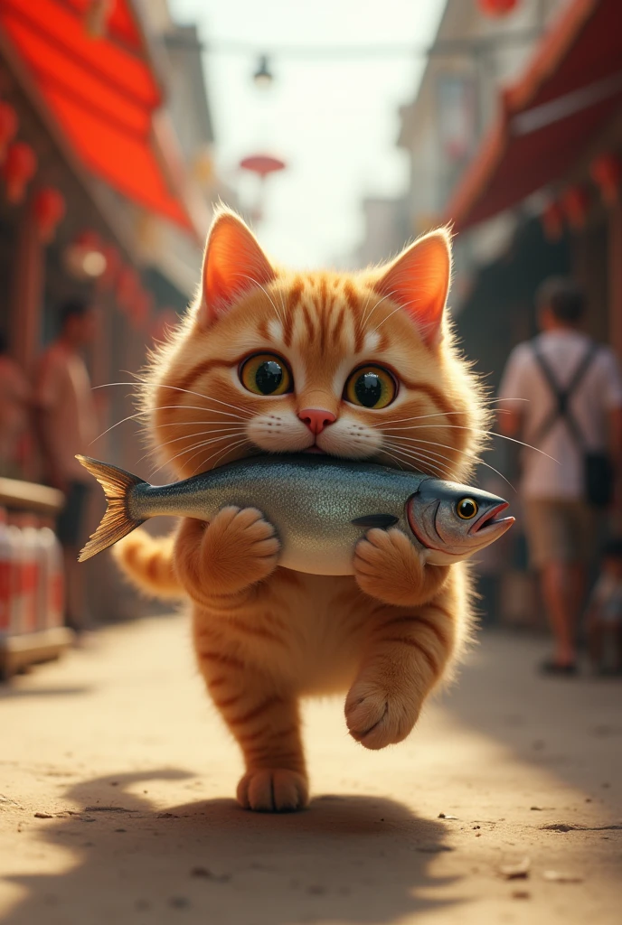 a big funny cute cat running through a busy market, holding a fish in its mouth, realistic, highly detailed, 4k, photorealistic, vibrant colors, dynamic motion, market stalls, people, detailed facial features, detailed fur texture, sunlight, shadows, depth of field