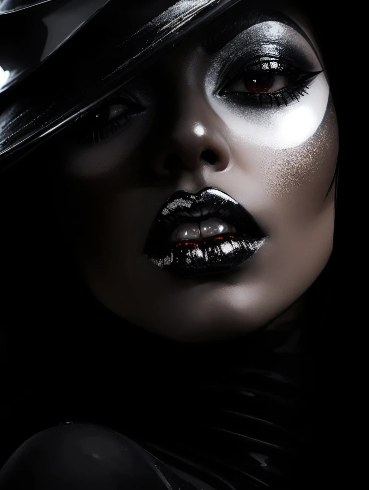close-up of woman wearing black wide-brimmed hat and silver-gold makeup, with black and red shiny lips, Dramatic lighting on the face, dark makeup, high fashion photography, black makeup, high contrast dramatic lighting, futuristic look, dark makeup on her face, Dark Beauty, futuristic dramatic lighting, shiny black lipstick, gothic and futuristic, black lipstick, dark makeup