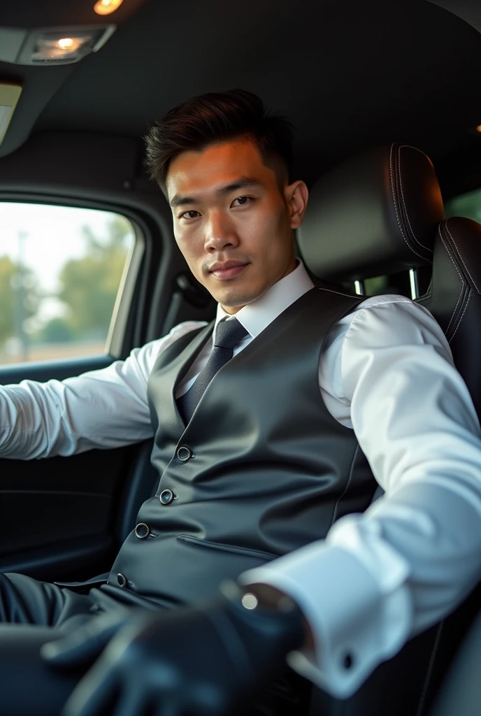Chinese man 35 years old,daddy,"shiny suit",wear white shirt, very glossy pants, necktie, waistcoat, shiny satin trousers,dark gray satin fabric ,Dad sit in car, k hd,in the office,"big muscle" ,black hair,asia face,masculine,strong man,the boss is,handsome,,leather gloves,lecherous dad,look straight ahead,dad is handsome,dad is handsome, dad is "big horny daddy"