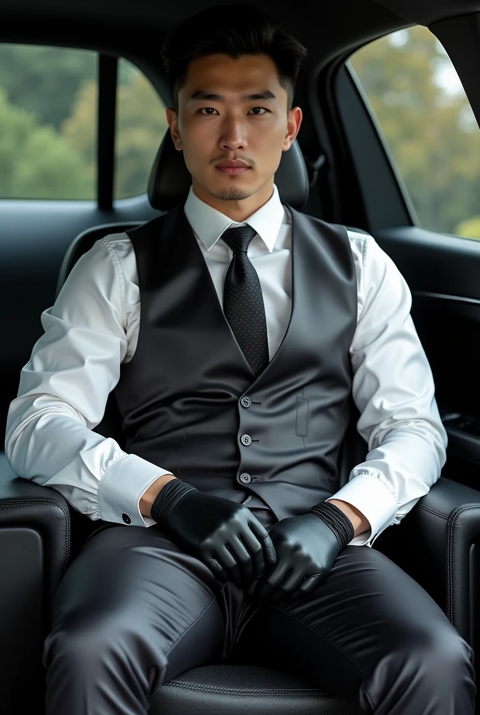 Chinese man 35 years old,daddy,"shiny suit",wear white shirt, very glossy pants, necktie, waistcoat, shiny satin trousers,dark gray satin fabric ,Dad sit in car,  k hd,in the office,"big muscle" ,black hair,asia face,masculine,strong man,the boss is,handsome,,leather gloves,lecherous dad,look straight ahead,dad is handsome,dad is handsome, dad is "big horny daddy"