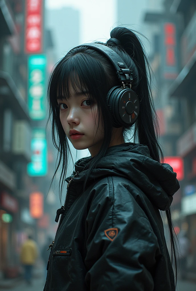 Korean cyberpunk girl against the backdrop of city slums