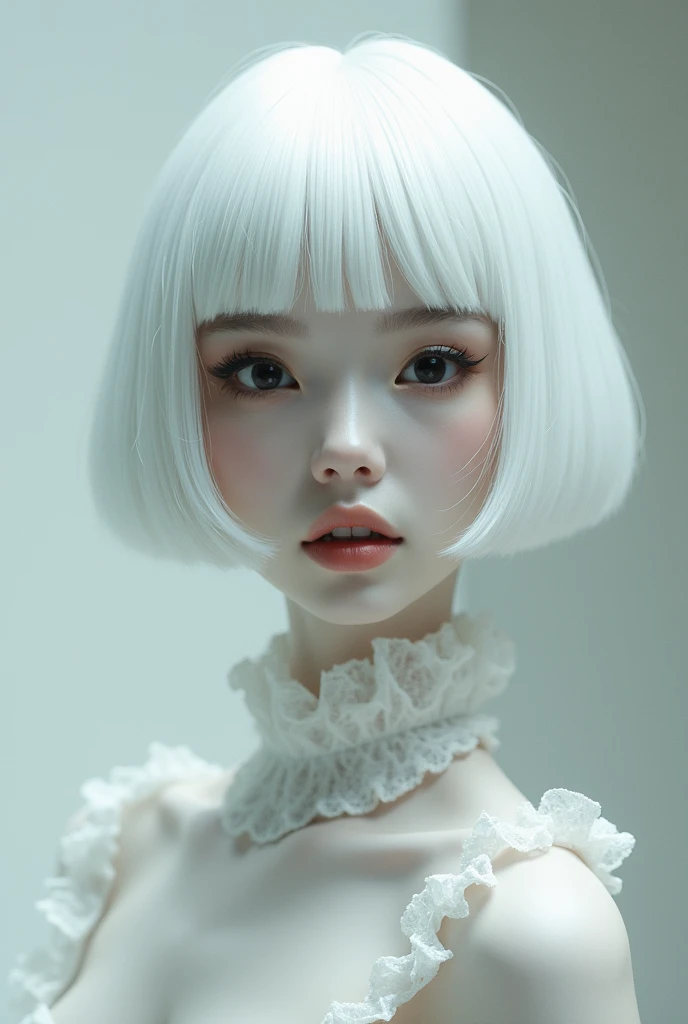 Tall girl, albino skin , Bobcut white haired, black eyes,