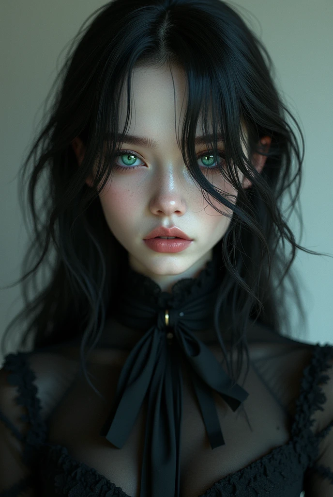 A slender feminine male with long black hair and teal eyes, dressed entirely in gothic black clothes. His skin is white and pale like a vampire.