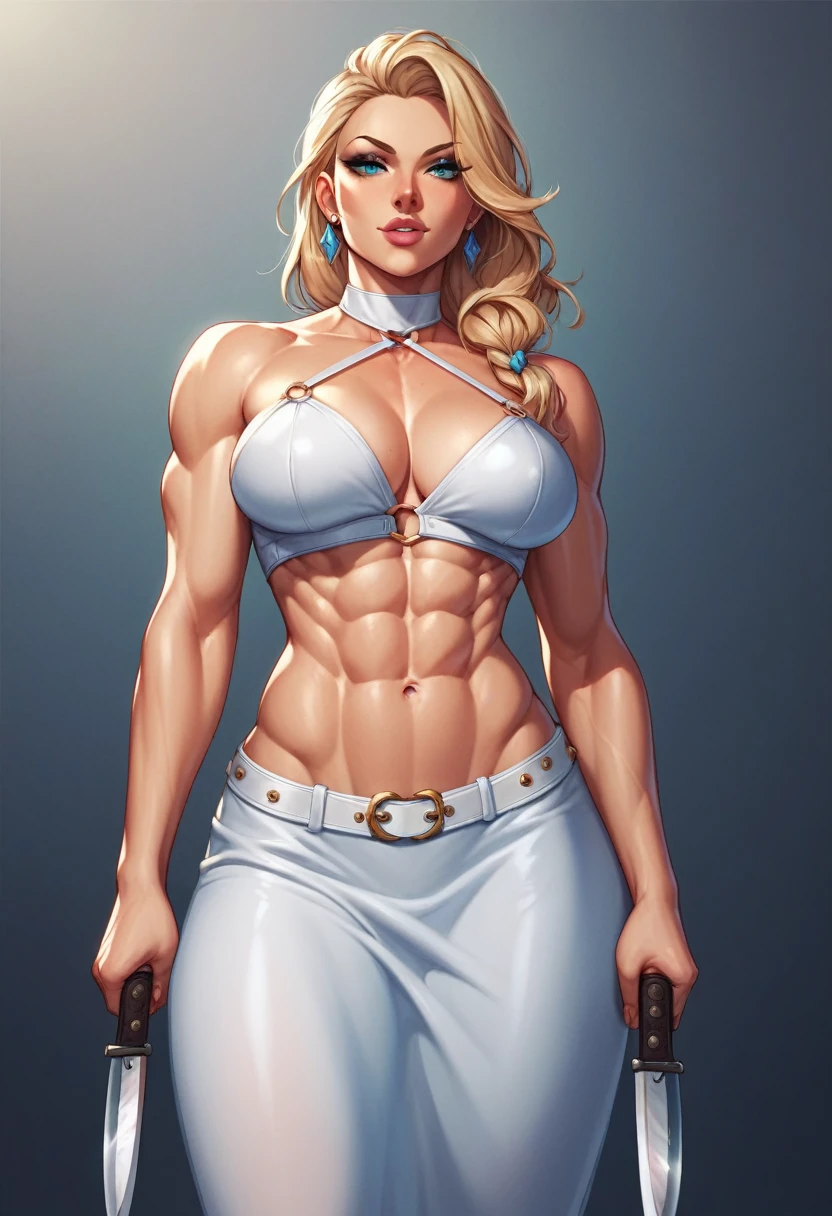 woman white dress abs knife