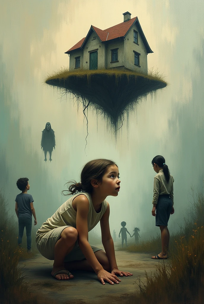 A contemporary painting that reflects the dream of a girl who sees a house come down from the sky, a family and she is hiding, and a person or monster calls her