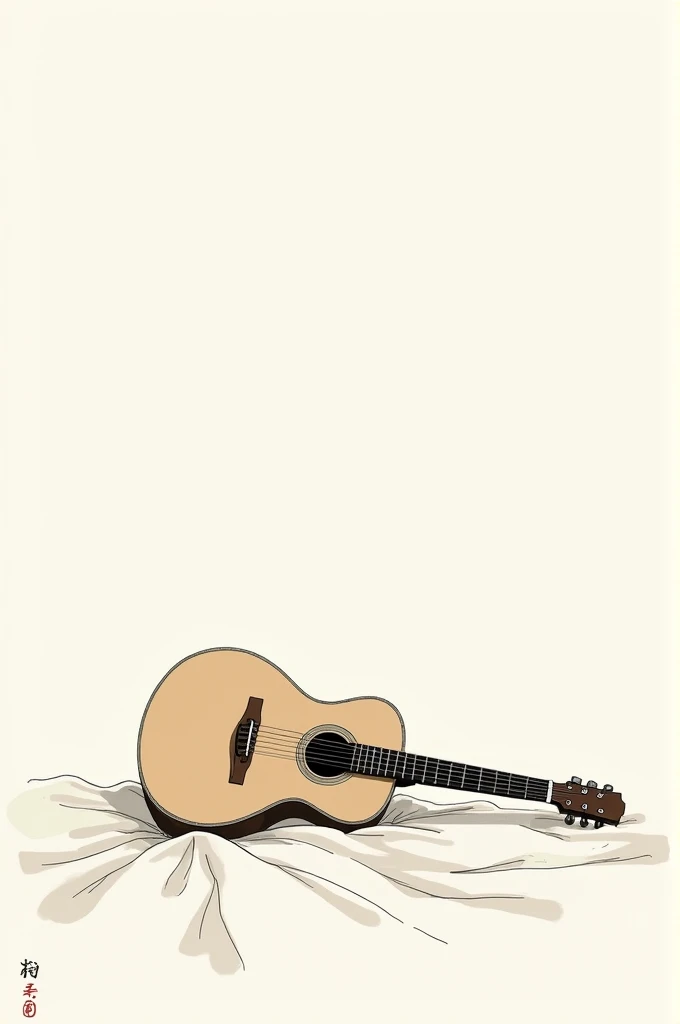  with guitar sitting on bed. Sumi-e Art