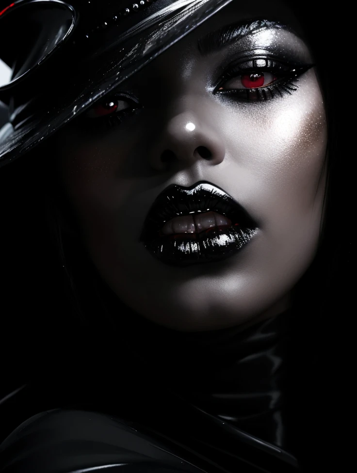 close-up of woman wearing black wide-brimmed hat and silver-gold makeup, with black and red shiny lips, Dramatic lighting on the face, dark makeup, high fashion photography, black makeup, high contrast dramatic lighting, futuristic look, dark makeup on her face, Dark Beauty, futuristic dramatic lighting,  shiny black lipstick, gothic and futuristic, black lipstick, dark makeup