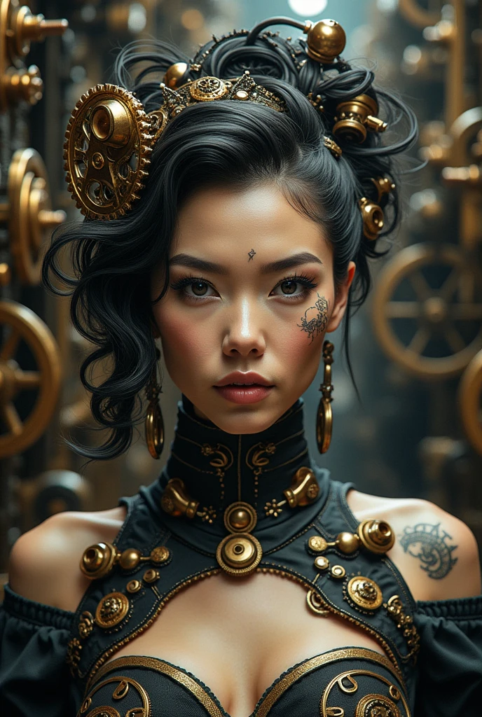 A woman adorned with intricate steampunk-inspired mechanical details. She has gears, pipes, and other steampunk components woven into her hair and attire. The background is filled with a complex machinery setup, suggesting an industrial or mechanical environment. The woman's facial features are sharp, with a focused gaze, and she has a tattoo-like design on her cheek., photo, poster, fashion