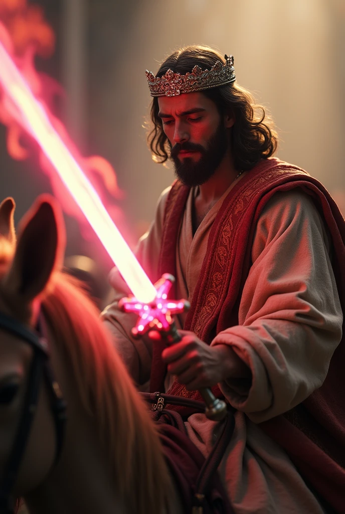 Cinematic soft lighting illuminates a stunningly detailed and ultra-realistic, details of this 16k photography masterpiece, Christ riding a donkey, Jesus is wearing a diamond crown and a flaming pink sword,