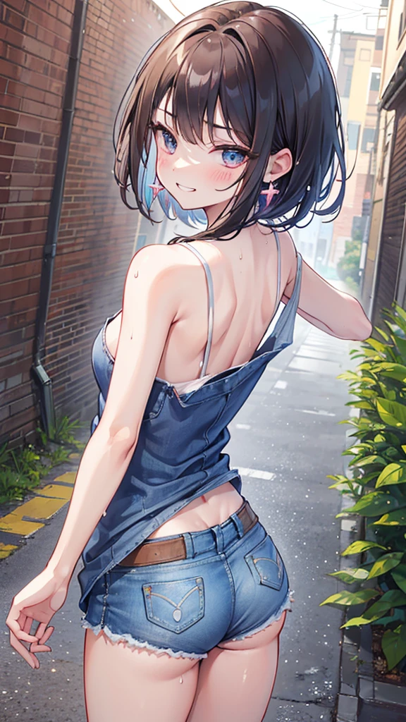 (8K、Highest image quality、best quality、masterpiece)、Detailed face、((two :2))、brown hair、short hair、brown eyes、smile、((Grinning))、earrings、((small breasts))、((pink camisole))、((Denim shorts))、Cowboy shooting、black hair、Double tail、light blue eyes、smile、((Grinning))、earrings、((small breasts))、((White camisole))、((Denim shorts))、Cowboy shooting((back alley background))、((National Science Foundation))fluid in ass、Fluid on the thighs、flowing liquid(Attractive ass:1.2),、exposed、disheveled、Clothing that fits snugly,Exposed chest、(((Wet clothing))),tube top,(((ultra-thin clothing))),(Body model),((body outline)),(Stride),grinning, blush,Hyperactive expression,Rubbing hands on crotch,raised vulva contour,saliva,