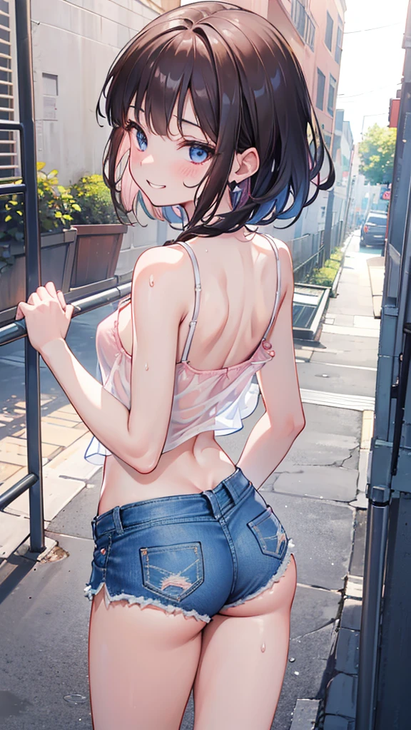 (8K、Highest image quality、best quality、masterpiece)、Detailed face、((two :2))、brown hair、short hair、brown eyes、smile、((Grinning))、earrings、((small breasts))、((pink camisole))、((Denim shorts))、Cowboy shooting、black hair、Double tail、light blue eyes、smile、((Grinning))、earrings、((small breasts))、((White camisole))、((Denim shorts))、Cowboy shooting((back alley background))、((National Science Foundation))fluid in ass、Fluid on the thighs、flowing liquid(Attractive ass:1.2),、exposed、disheveled、Clothing that fits snugly,Exposed chest、(((Wet clothing))),tube top,(((ultra-thin clothing))),(Body model),((body outline)),(Stride),grinning, blush,Hyperactive expression,Rubbing hands on crotch,raised vulva contour,saliva,