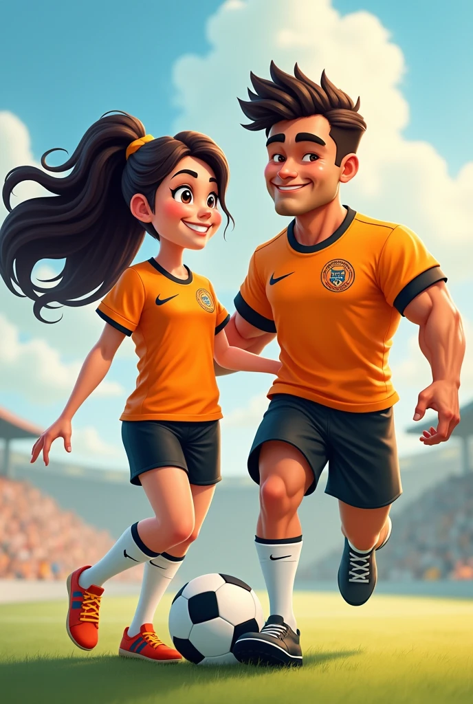 Create two mascots for the Lomba Tarumã FC football school, female and male,mascots for children, playing football,with jersey, shorts and socks in orange, black and white , mascot that symbolizes unity, strength and a lot of struggle.