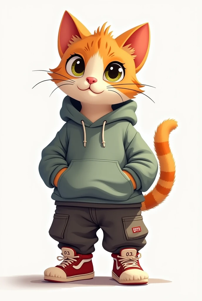 Make me a cat in baggy skater clothes with simple 2d animated style in png