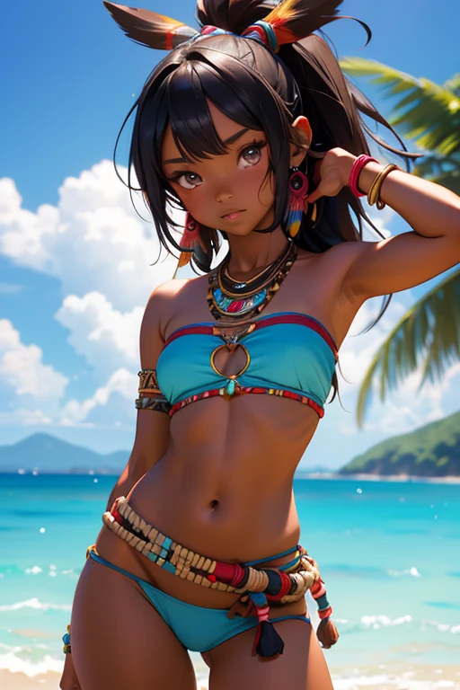 anime style, tribal Native American, dark-skinned young girl, wearing a loincloth and a tube top, with small breasts and a figure, sexy pose. (best quality, ultra-detailed),