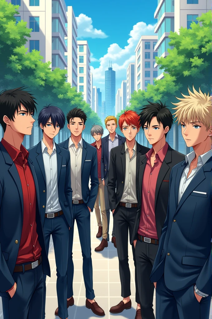 A group of handsome teenage male college students with different personalities and appearances in anime style/manga