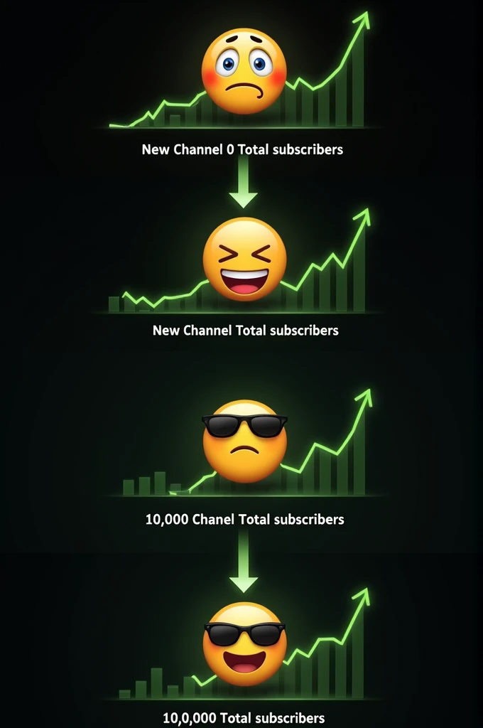 A split-image graphic showing two different subscriber counts for a YouTube channel. The top section features a sad emoji and displays New Channel 0 Total subscribers, indicating no subscribers. The bottom section includes a cool sunglasses emoji and shows New Channel 10,000 Total subscribers, suggesting a significant increase in subscribers. A downward arrow separates the two sections, visually indicating progression. The background is dark with a green line graph motif suggesting growth.