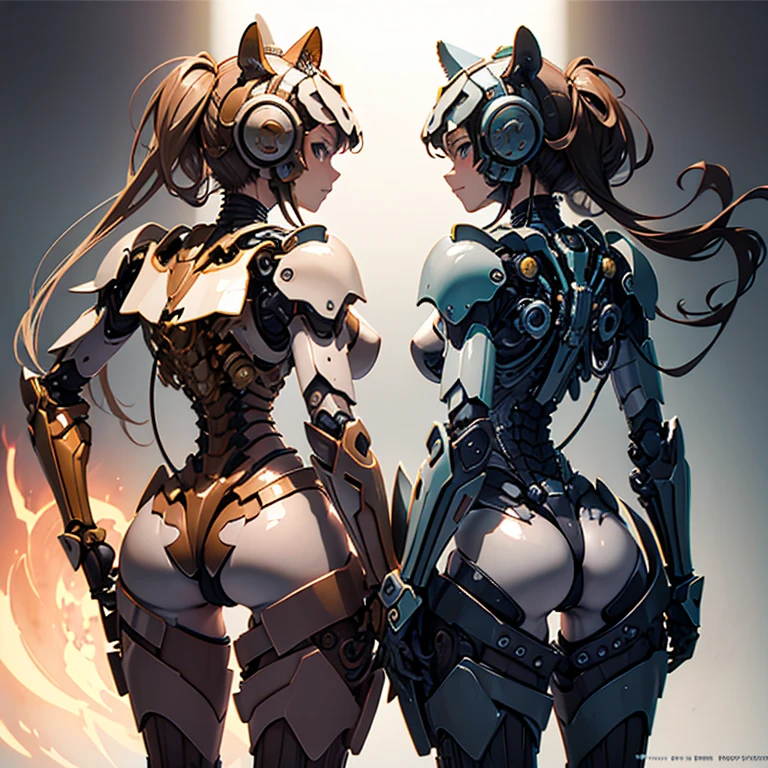 whole body, Exposed breasts, Short-haired girl, Brown Hair, Tiger-themed mecha, High resolution, Accurate, Anatomically correct, Highest quality, detailed, 高いdetailed, Exposed shoulders, Exposed Skin, Neon Light, (Highest quality, masterpiece), One girl, cute, Standing girl, ((three views, Front, back and sides)), Character Sheet,whole body,Simple Background,