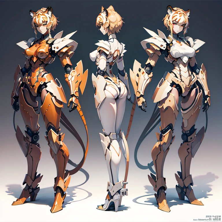whole body, Exposed breasts, Short-haired girl, Brown Hair, Tiger-themed mecha, High resolution, Accurate, Anatomically correct, Highest quality, detailed, 高いdetailed, Exposed shoulders, Exposed Skin, Neon Light, (Highest quality, masterpiece), One girl, cute, Standing girl, ((three views, Front, back and sides)), Character Sheet,whole body,Simple Background,