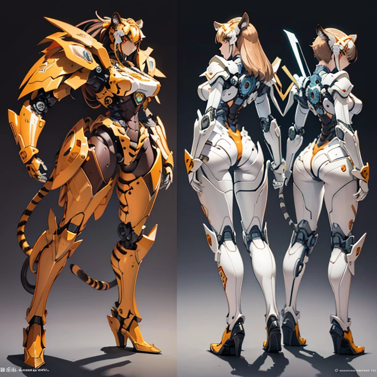 whole body, Exposed breasts, Short-haired girl, Brown Hair, Tiger-themed mecha, High resolution, Accurate, Anatomically correct, Highest quality, detailed, 高いdetailed, Exposed shoulders, Exposed Skin, Neon Light, (Highest quality, masterpiece), One girl, cute, Standing girl, ((three views, Front, back and sides)), Character Sheet,whole body,Simple Background,